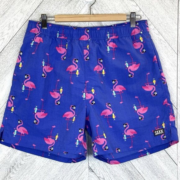 SAXX Swim Trunks Shorts Mens Large Go Coastal 2N1 Volley Flamingo Print - Picture 1 of 4